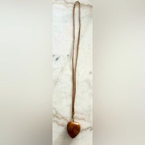 Vintage Necklace Wood Carved Heart Long Leather Strap Handcrafted Boho Rustic